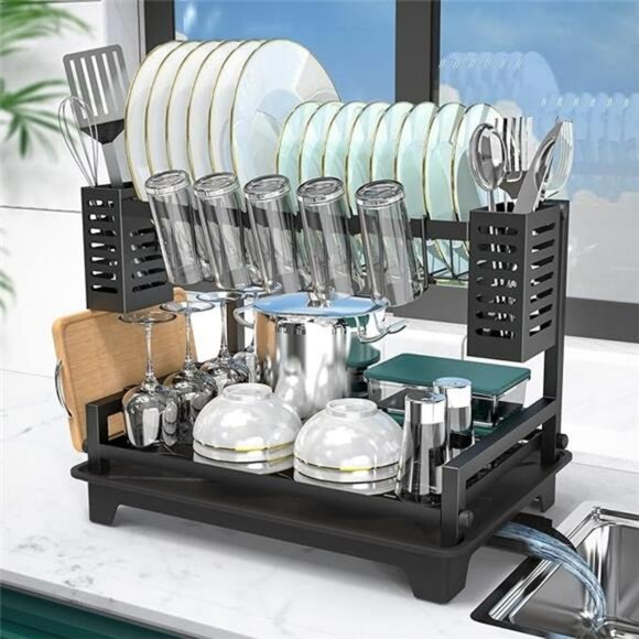 2 Tier Dish Drying Rack with Drainboard Utensil Holder for Kitchen Counter - Picture 7 of 7